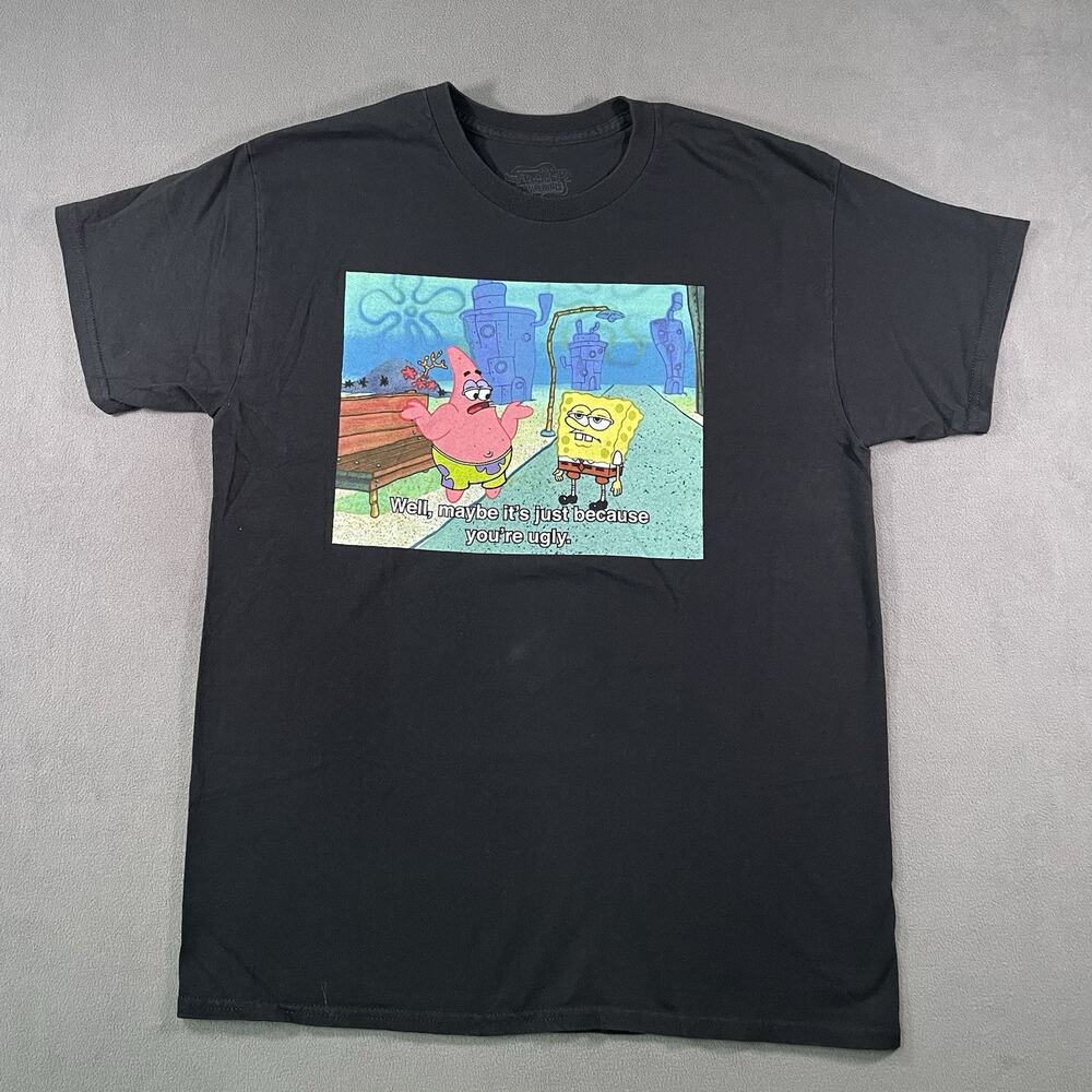 SpongeBob SquarePants Men’s T-Shirt Large Black Graphic Meme Scene Tee
